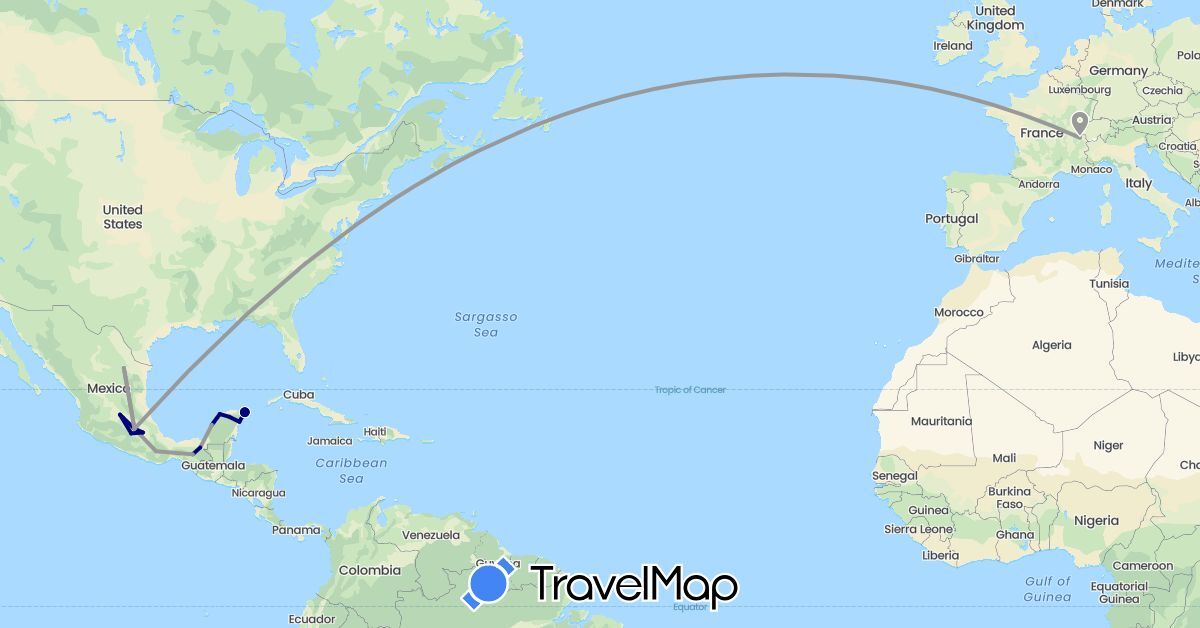 TravelMap itinerary: driving, plane in Switzerland, Mexico (Europe, North America)